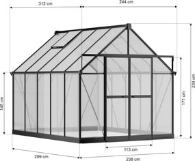 Skleník 234 x 244 x 312 cm, zosilnená konštrukcia, polykarbonát 6 mm
