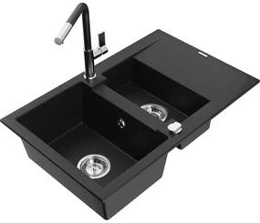 Mexen Gaspar, 1,5-komorový granitový drez 737x475x177 mm a drezová batéria Flora, čierna, 6507-77-670401-07