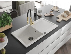 Mexen Leo, granitový drez 900x500x190 mm, 1-komorový a drezová batéria Aster, biela, 6501-20-73450-57-B