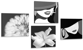Set obrazov dámy v čiernobielom prevedení - 4x 40x40