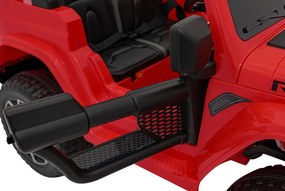 Ramiz Jeep Wrangler Rubicon na batérie pre deti červený + diaľkové ovládanie + rádio MP3 LED + kolesá EVA