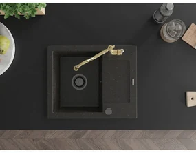 Mexen Enzo, granitový drez 576x465x174 mm, 1-komorový a drezová batéria Carla, čierna-zlatá metalíza, 6506-75-670700-50-B