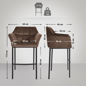 Barová stolička Damaso B - zamat, čierny 4-nohý rám - Hnedá