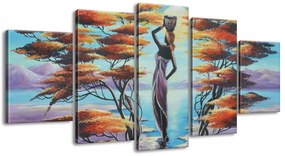 Gario Ručne maľovaný obraz Africká žena s košíkom - 5 dielny Rozmery: 150 x 70 cm