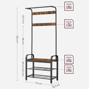 Stojan na kabáty s 9 háčikmi a botníkom, predsieňová stena, rustikálna hnedá