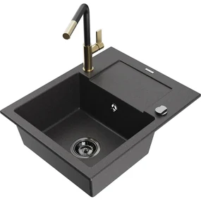 Mexen Enzo, 1-komorový granitový drez 576x465x174 mm a drezová batéria Flora, čierna škvrnitá, 6506-76-670401-57-B