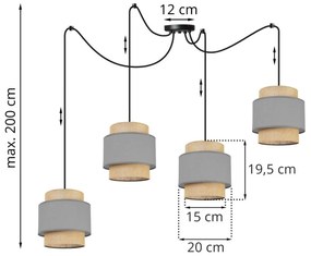 Závesné svietidlo BOHO SPIDER, 4x jutové/sivé textilné tienidlo