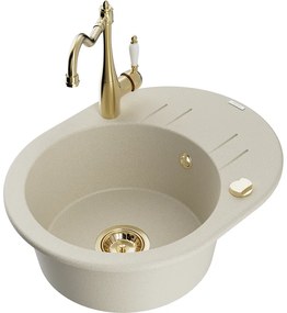 Mexen Kevin, drez granitový 586x458x190 mm, 1-komorový a drezová batéria Carla, béžová, 6517-69-670700-50
