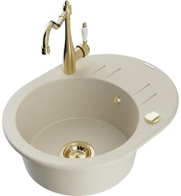 Mexen Kevin, drez granitový 586x458x190 mm, 1-komorový a drezová batéria Carla, béžová, 6517-69-670700-50