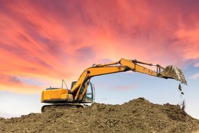 Ilustrácia excavator in construction site on sunset sky, zhaojiankang