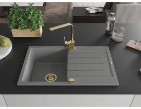 Mexen Bruno, drez granitový 795x495x200 mm, 1-komorový, šedá so zlatým sifónom a zlatá drezová batéria Rita, 6513-71-670300-50