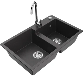 Mexen Tomas, granitový drez 800x500x190 mm, 2-komorový a chrómová batéria Telma, čierna škvrnitá, 6516-76-670200-00