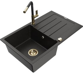 Mexen Bruno, 1-komorový granitový drez 795x495x200 mm a drezová batéria Flora, čierna-zlatá metalíza, 6513-75-670401-57-G