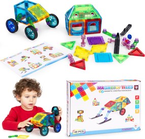 MULTISTORE Magnetické stavebné kocky 48 ks – stavebnica 2D/3D s kolieskami a šablónami, pre deti 3+