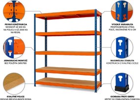 Regál 216x120x50 cm profesionálny 5-policový, nosnosť 200 kg - modro-oranžový