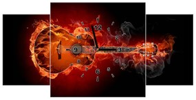 Gario Obraz s hodinami Horiaca gitara - 3 dielny Rozmery: 80 x 40 cm