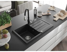 Mexen Bruno, 1-komorový granitový drez 795x495x200 mm a drezová batéria Savita, čierna, 6513-77-672601-70
