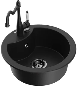 Mexen Diego, granitový drez 488x488x167 mm, 1-komorový a drezová batéria Carla, čierna, 6512-77-670700-70-B