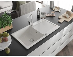 Mexen Leo, drez granitový 900x500x190 mm, 1-komorový, biely s chrómovým sifónom a chrómová drezová batéria Rita, 6501-20-670300-00