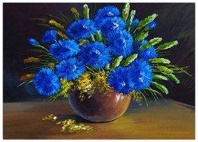 Sklenený obraz modrých kvetov vo váze (70x50 cm)