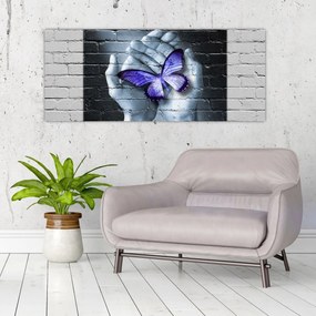 Obraz - Fialový motýľ na stene (120x50 cm)