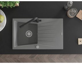 Mexen Cesar, granitový drez 775x470x190 mm, 1-komorový a čierna matná batéria Duero, šedá, 6514-71-671600-70