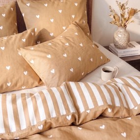 Goldea bavlnené posteľné obliečky - srdiečka na jesennej hnedej s prúžkami 140 x 200 a 70 x 90 cm