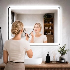Erga Sari, LED zrkadlo v čiernom ráme s vyhrievaním a dotykovým ovládaním, 80 × 60 cm, čierna matná, ERG-YKA-MR.SARI-BLK-60X80