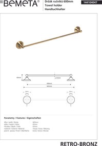 Bemeta Design RETRO bronz: Držiak uterákov, 600 mm - 144104047