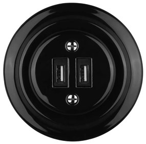 Bohemia-Design - Porcelánová retro USB napájacia zásuvka s rámčekom 2xUSB-A čierna