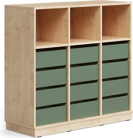 Úložná skrinka CASPER, 12 zásuviek, 3 horné priehradky, so soklom, breza/tmavozelená