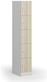 Šatníková skrinka s úložnými boxmi, 5 boxov, 1850 x 300 x 500 mm, demont, cylindrický zámok, laminované dvere, dub prírodný