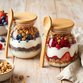 VILDE Sada 2ks pohárov na jogurt / dezert s bambusovým viečkom a lyžicou, 2x440ml