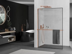 Mexen Kioto+ L, sprchová zástena Walk-In s poličkou a vešiakom 80 x 200 cm, 8mm číre sklo čierny vzor, ružové zlato profil, 800-080-123-60-70