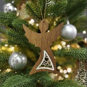 AMADEA Drevená ozdoba z masívu s vkladom - anjel s ornamentom srdca 12 cm