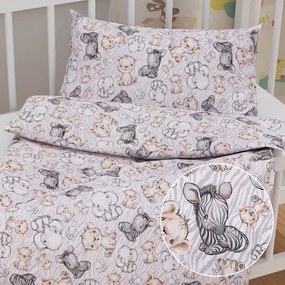 Biante Detské bavlnené posteľné obliečky do postieľky Sandra SA-335 Africké zvieratká na sivom zebrovanom Do postieľky 100x135 a 40x60 cm