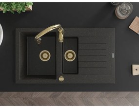 Mexen Matias, 1,5-komorový granitový drez 900x505x200 mm a drezová batéria Savita, čierna-zlatá metalíza, 6502-75-672601-50