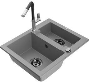 Mexen Carlos, 1,5-komorový granitový drez 582x475x177 mm a drezová batéria Flora, šedá, 6518-71-670401-07-B