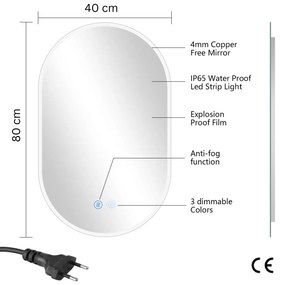 Erga Demi, oválne LED zrkadlo 40x80cm, 3 farby svetla, predné osvetlenie, vyhrievacia podložka proti zapareniu, ERG-V01-DEMI-4080-CL