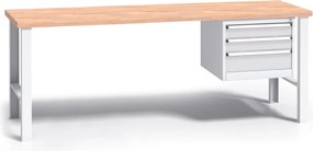 Pracovný stôl do dielne G3 so závesným boxom na náradie, buková škárovka, 3 zásuvky, pevné kovové nohy, 2000 mm, sivá