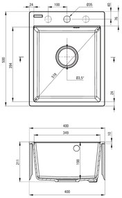 Deante Corio, granitový 1-komorový drez 500x400x211mm + čierna drezová batéria, grafitová, DEA-ZRCB2103
