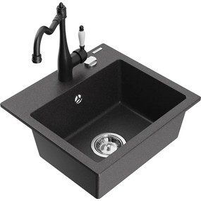 Mexen Milo, granitový drez 435x410x171 mm, 1-komorový a drezová batéria Carla, čierna škvrnitá, 6505-76-670700-70