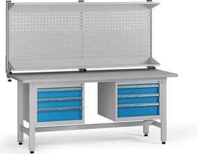 Výškovo nastaviteľný dielenský stôl G5 s nadstavbou, 1800 x 750 x 800-1000 mm, 2x kontajner, 6 zásuviek, modrá