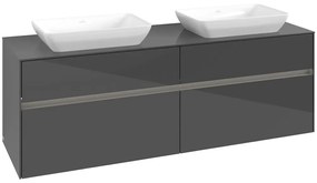 VILLEROY &amp; BOCH Collaro závesná skrinka pod dve umývadlá na dosku, 4 zásuvky, s LED osvetlením, 1600 x 500 x 548 mm, Glossy Grey, C123B0FP
