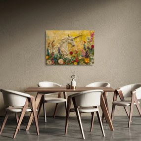 Sklenený obraz - Jednorožec s kvetinami (70x50 cm)