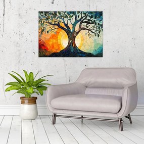 Sklenený obraz – Mozaika – slnko a strom I. (70x50 cm)