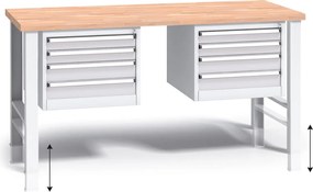 Výškovo nastaviteľný pracovný stôl do dielne G3 s 2 závesnými boxami na náradie, buková škárovka, 8 zásuviek, 1700 x 685 x 840 - 1050 mm, sivá