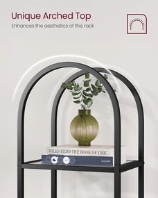 Oblúkovitý regál, 5-úrovňová stojaca polica, sklenená, čierna a sivá farba