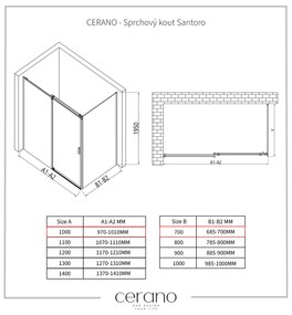Cerano Lantono, sprchovací kút s posuvnými dverami 100(dvere) x 70(stena) x 195 cm, 8mm číre sklo, čierny profil, CER-CER-431479