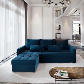 AKCIA Tmavomodrá rozkladacia rohová pohovka ZENOVA 220x140 cm, obojstranná II. akosť